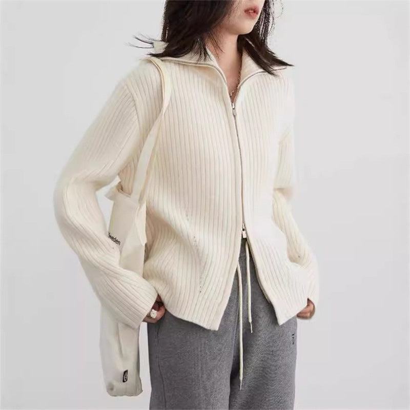 Damen lässige Strickjacke mit hohem Kragen und Reißverschluss Drune