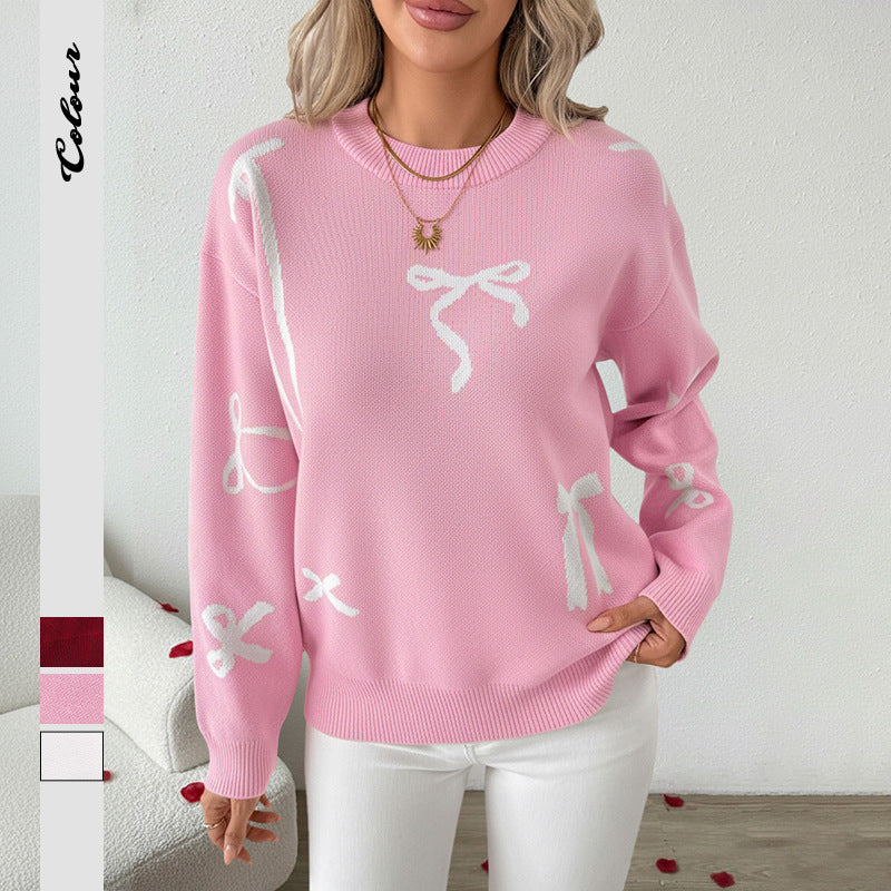 Damen lässiger Pullover mit verspieltem Schleifenmuster Drune