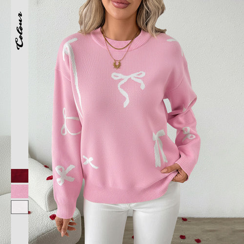 Damen lässiger Pullover mit verspieltem Schleifenmuster Drune