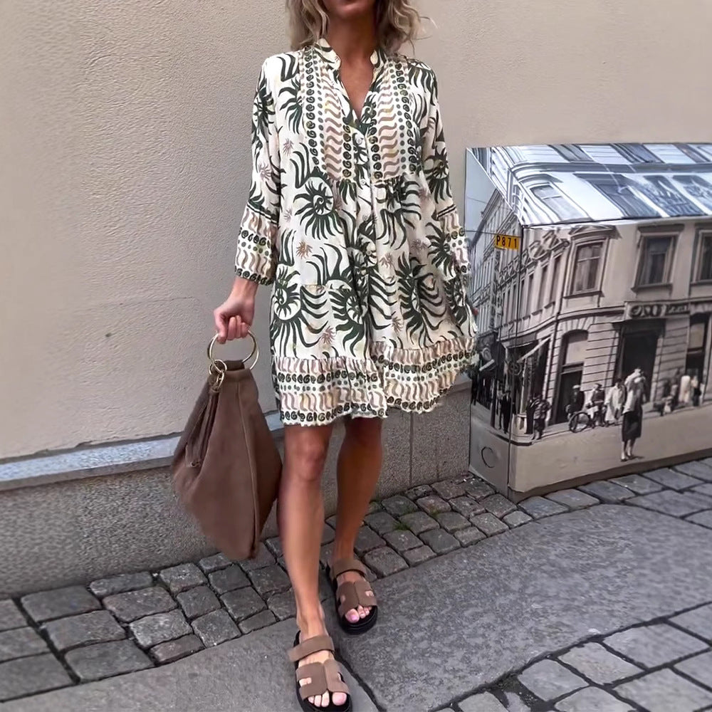 Damen nan locker geschnittenes Boho-Tunikakleid mit V-Ausschnitt geraffter Empire-Naht und Volant-Saum Drune