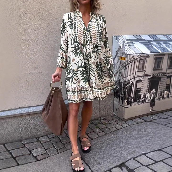 Damen nan locker geschnittenes Boho-Tunikakleid mit V-Ausschnitt geraffter Empire-Naht und Volant-Saum Drune