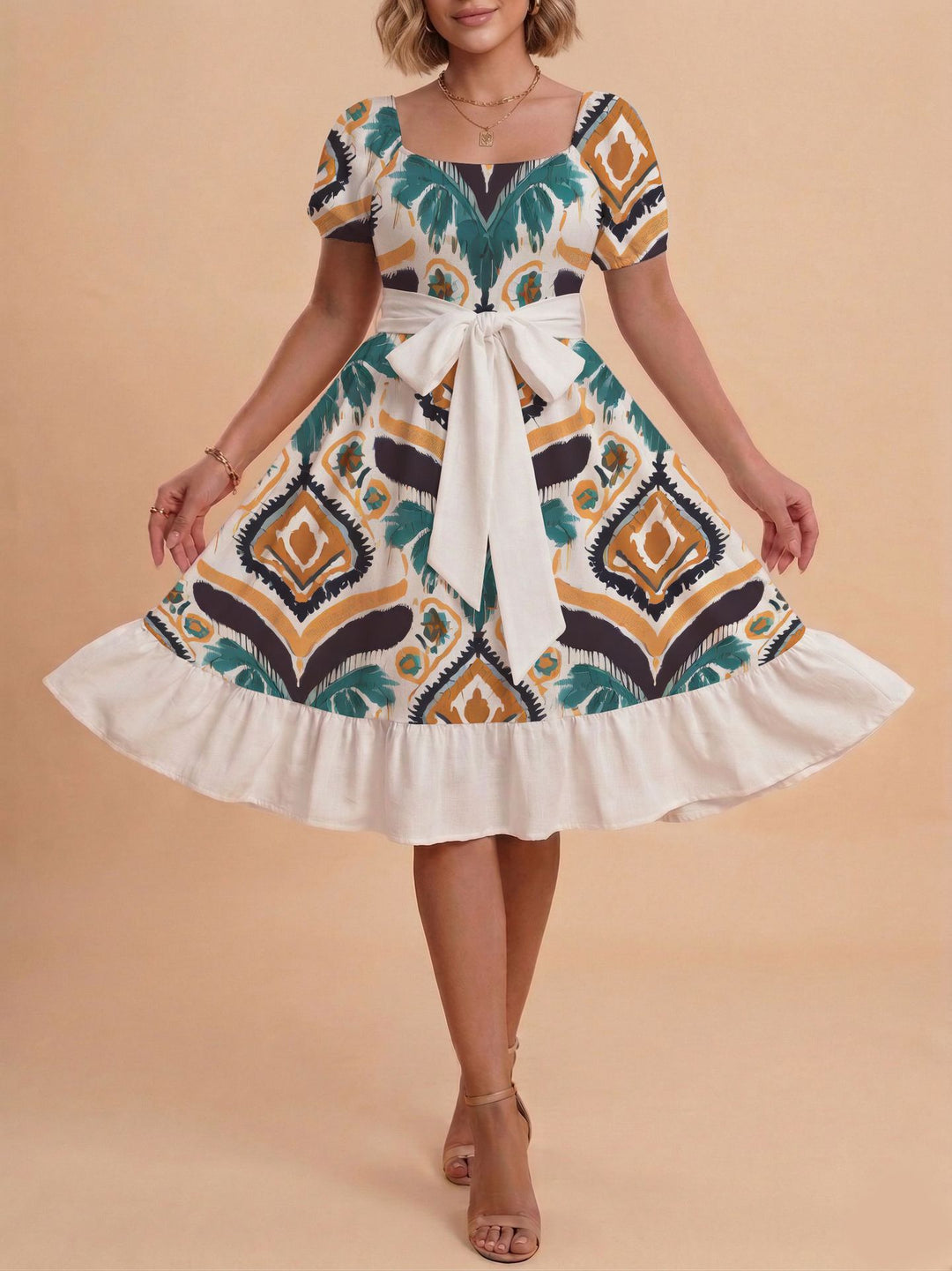Damen Retro Maxikleid mit Puffärmeln und Taillengürtel Drune