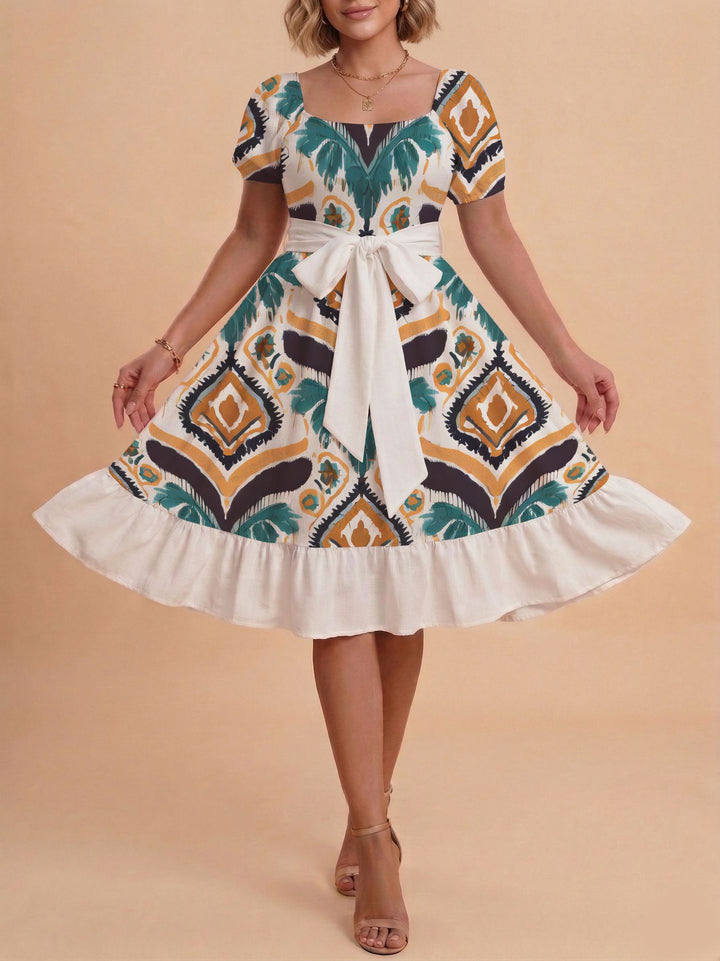 Damen Retro Maxikleid mit Puffärmeln und Taillengürtel Drune