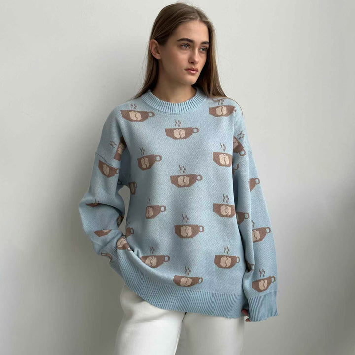 Damen Gemusterter Strickpullover mit Kaffeetassen-Motiv und angenehmem Sitz Drune