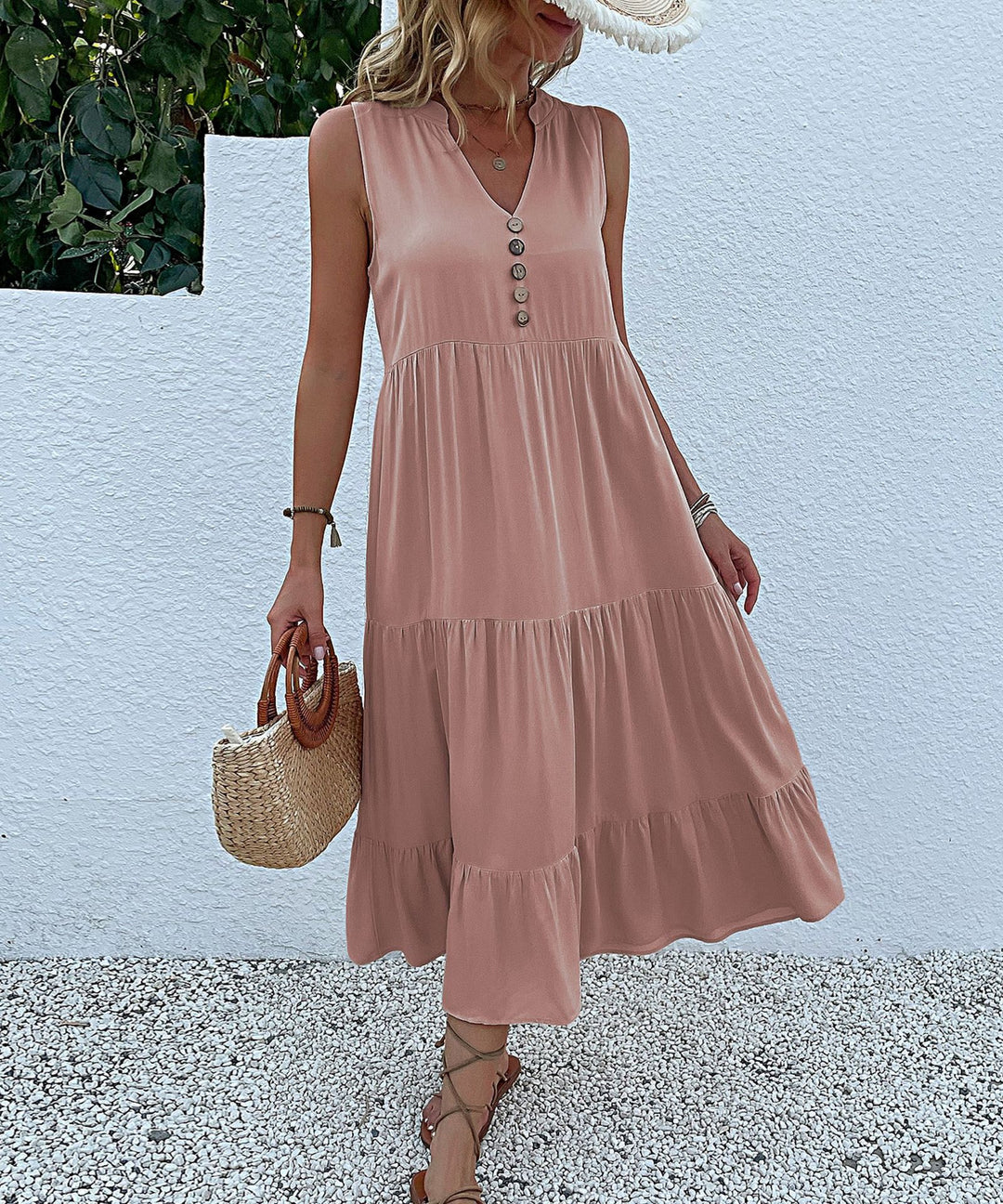 Damen luftiges Maxikleid mit Knopfdetails und Rüschensaum Drune