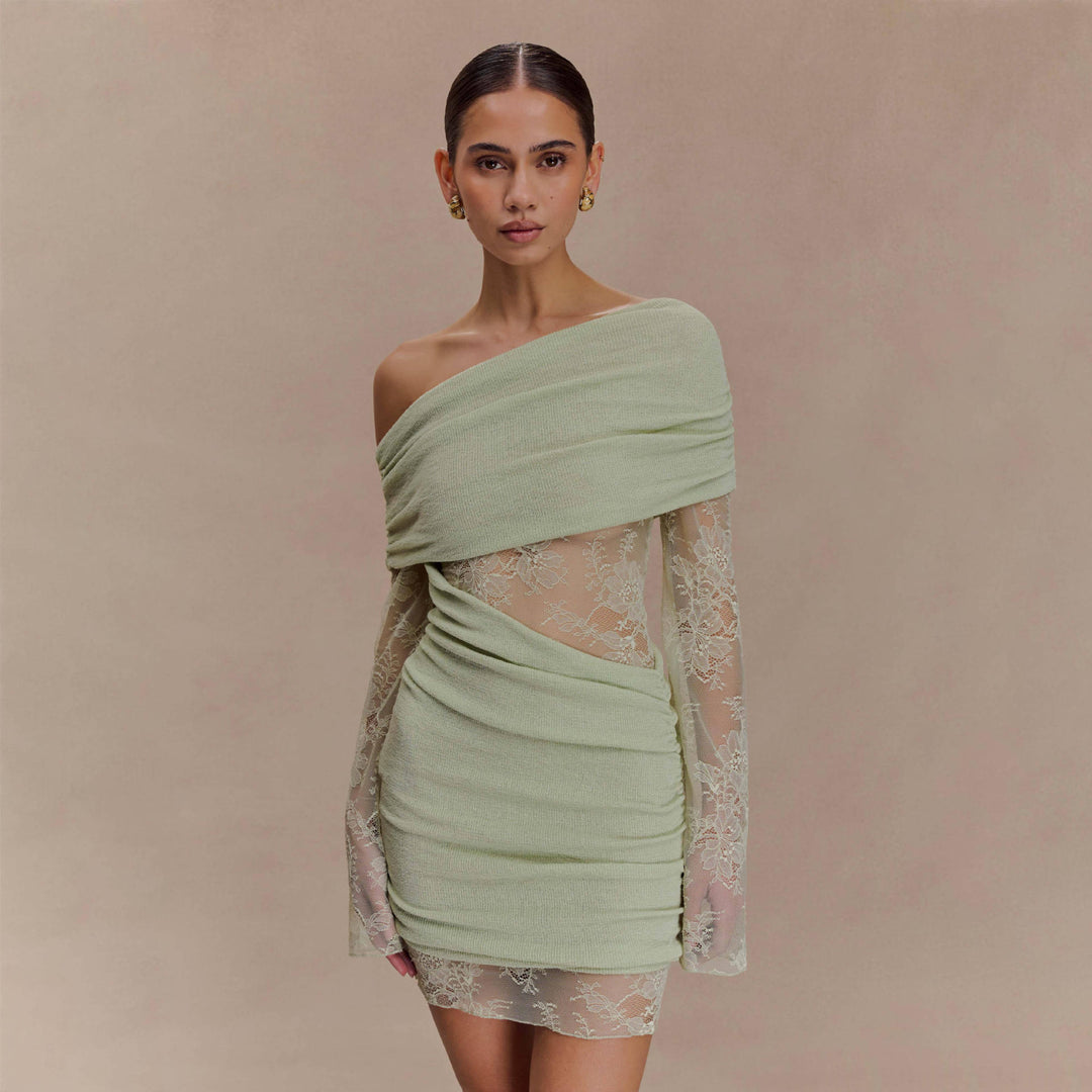 Damen elegantes Minikleid mit Spitzenärmeln Drune