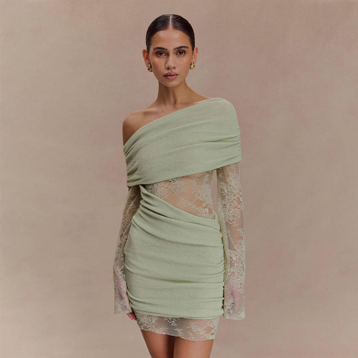 Damen elegantes Minikleid mit Spitzenärmeln Drune