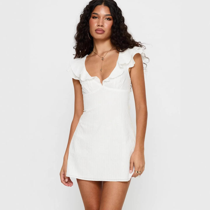 Damen Mini-Kleid mit Rüschenausschnitt und figurbetontem Schnitt Drune