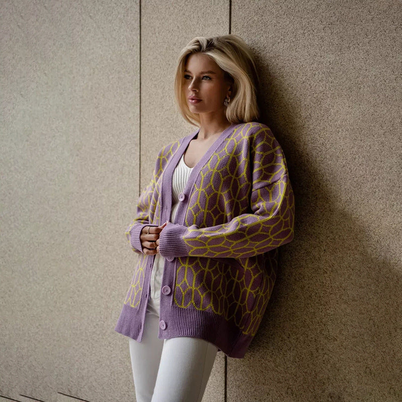 Damen Gemusterter Strickcardigan mit großer Knopfleiste Drune
