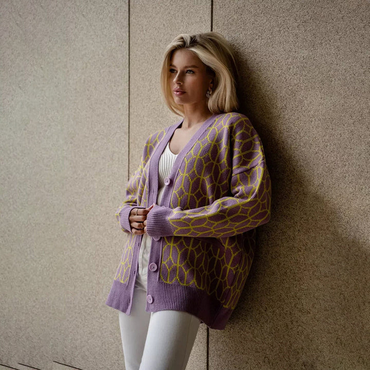 Damen Gemusterter Strickcardigan mit großer Knopfleiste Drune