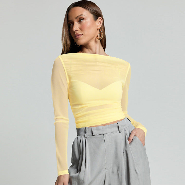 Damen Elegantes Langarmoberteil mit transparentem Mesh und Raffung Drune