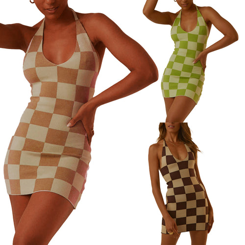 Damen enganliegendes Karomuster-Kleid mit tiefem V-Ausschnitt Drune