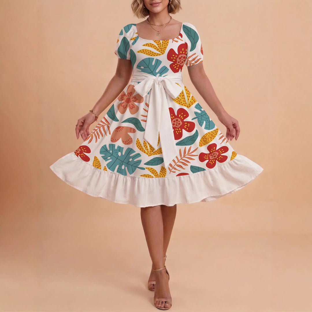 Damen Sommerliches Blumenkleid mit taillierbarem Gürtel und voluminösen Ärmeln Drune
