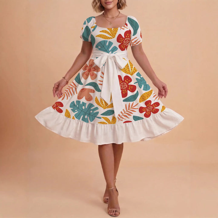 Damen Sommerliches Blumenkleid mit taillierbarem Gürtel und voluminösen Ärmeln Drune