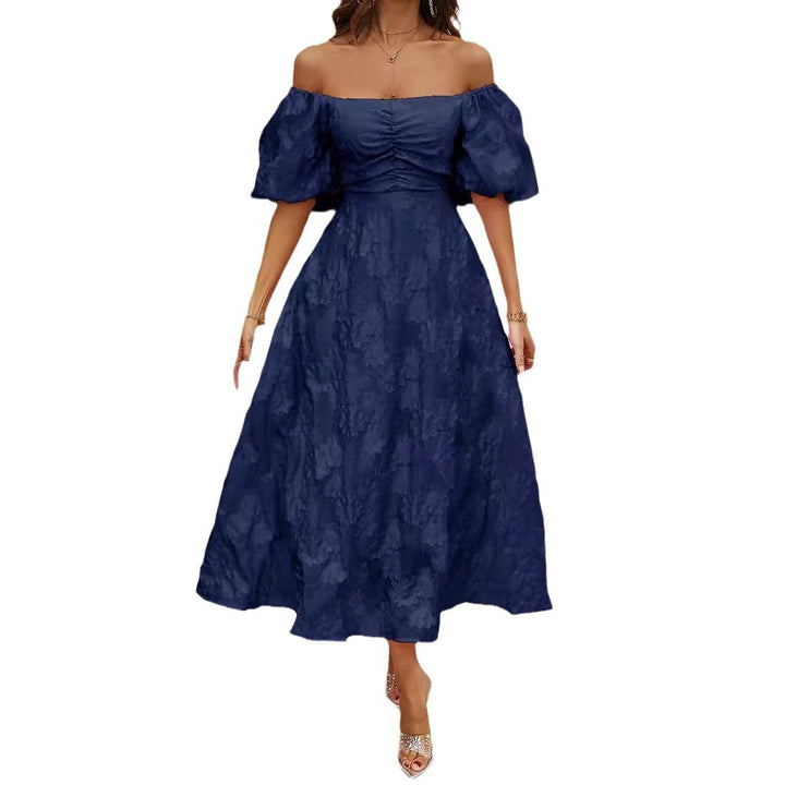Damen elegantes Maxi-Kleid mit floralem Relief und schulterfreiem Design Drune