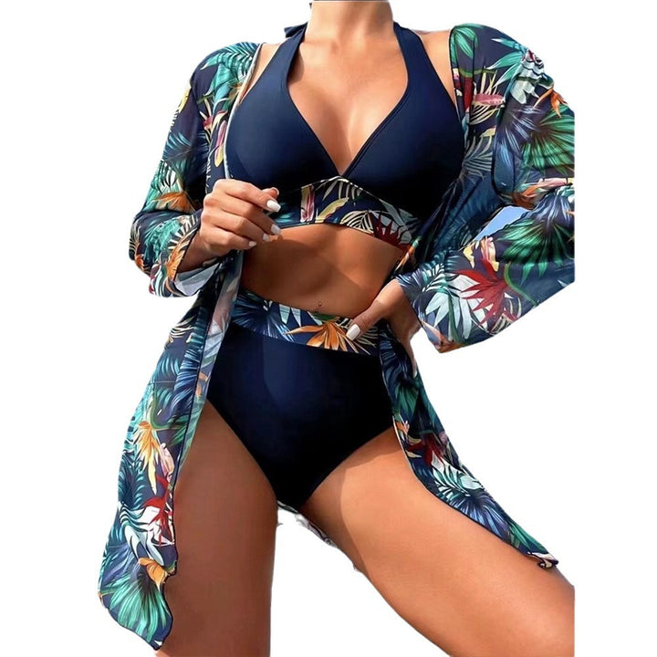 Damen Strandset mit floralem Kimono und High-Waist Bikini Drune