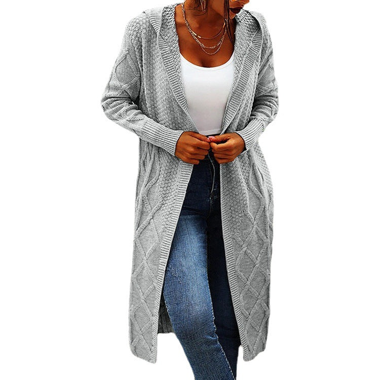 Damen langer Strickcardigan mit Hochkragen und Zopfmuster Drune