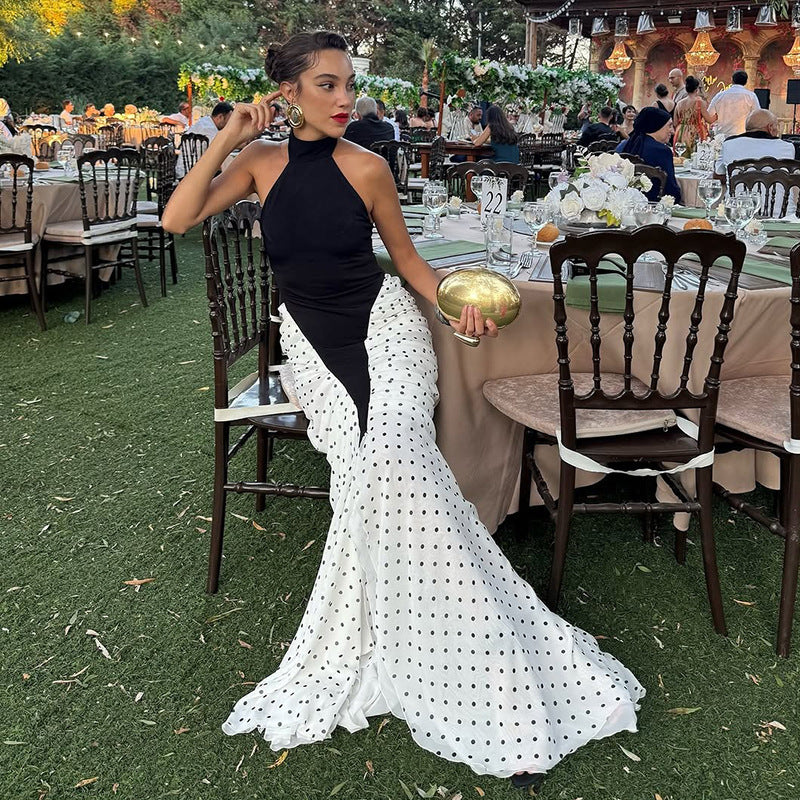 Damen elegantes langärmliges Kleid mit hochgeschlossenem Design und grafischem Punkte-Muster Drune