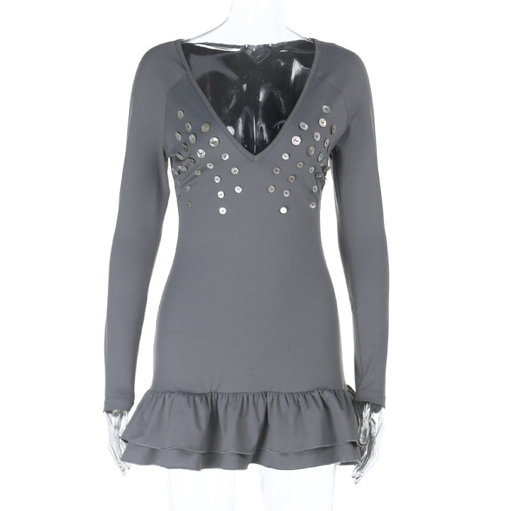 Damen Mini-Kleid mit tiefem V-Ausschnitt und dekorativen Pailletten Drune