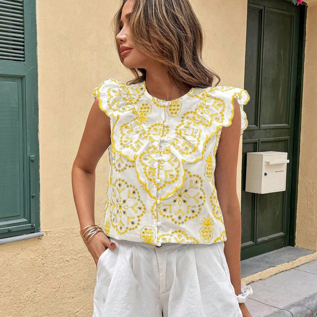 Damen Spitzenoberteil mit floralen Stickereien und Rüschendetails Drune