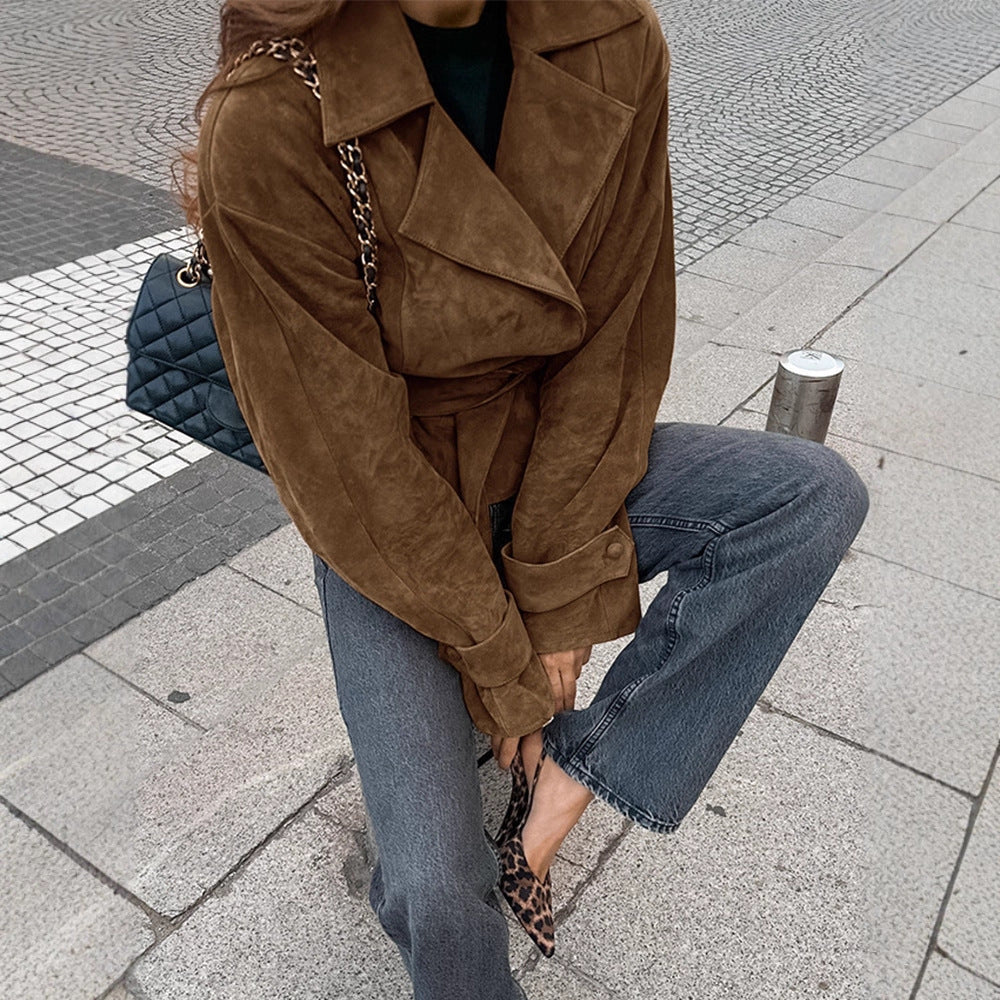 Damen Modische Wildlederjacke mit tailliertem Gürtel Drune