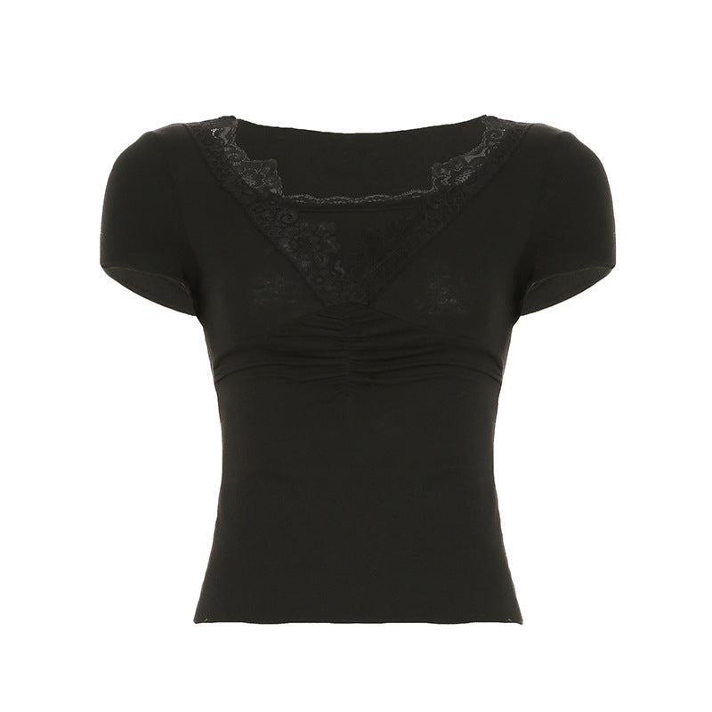 Damen elegantes Oberteil mit feinem Spitzenbesatz und Raffung Drune