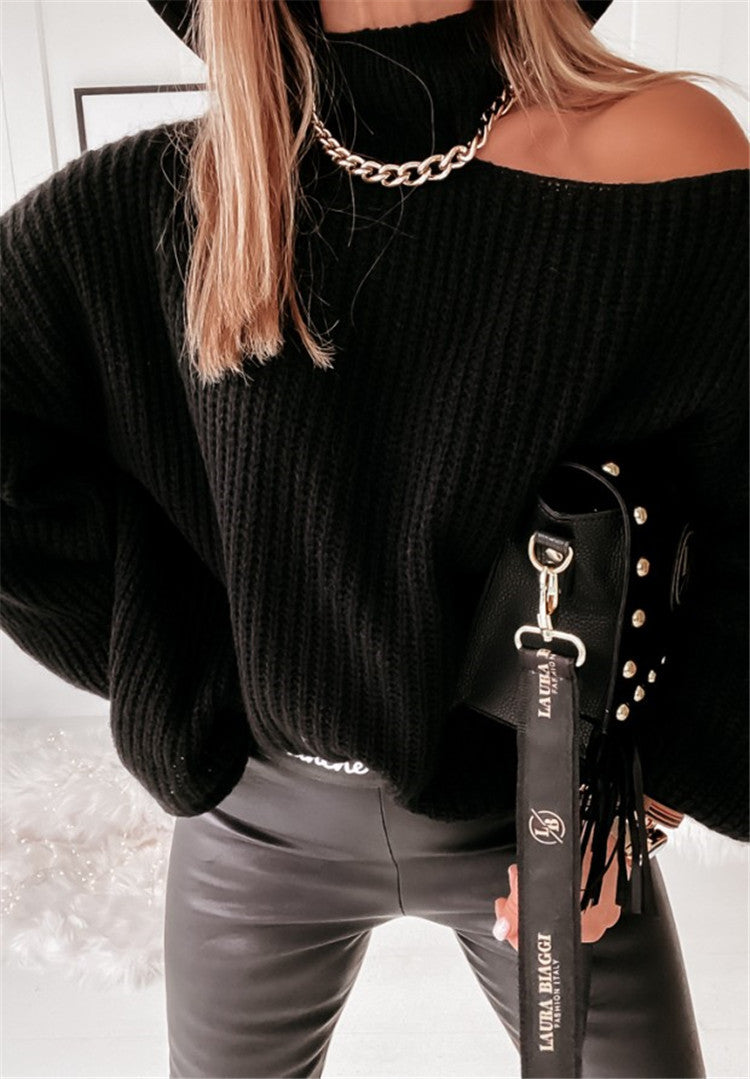 Damen lässiger Strickpullover mit offener Schulter und hohem Kragen Drune