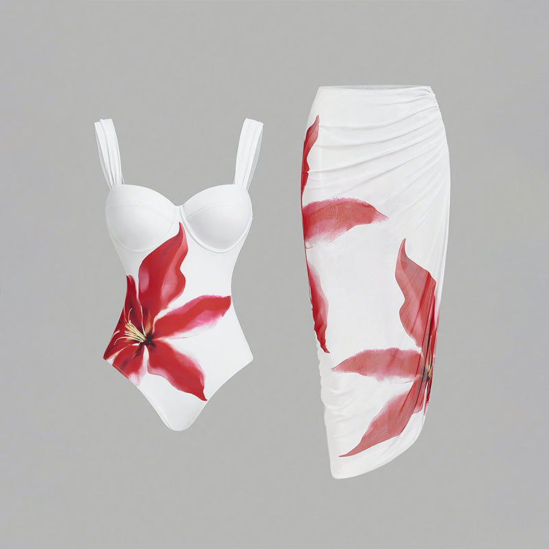 Damen Blumenmuster Badeanzug mit passendem Wickelrock Drune