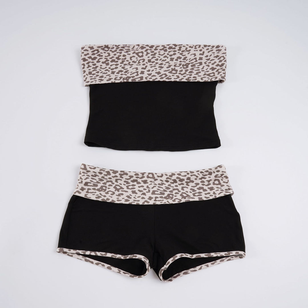 Damen Bandeau-Bikini-Set mit modischem Leopardenmuster und bequemen Shorts Drune