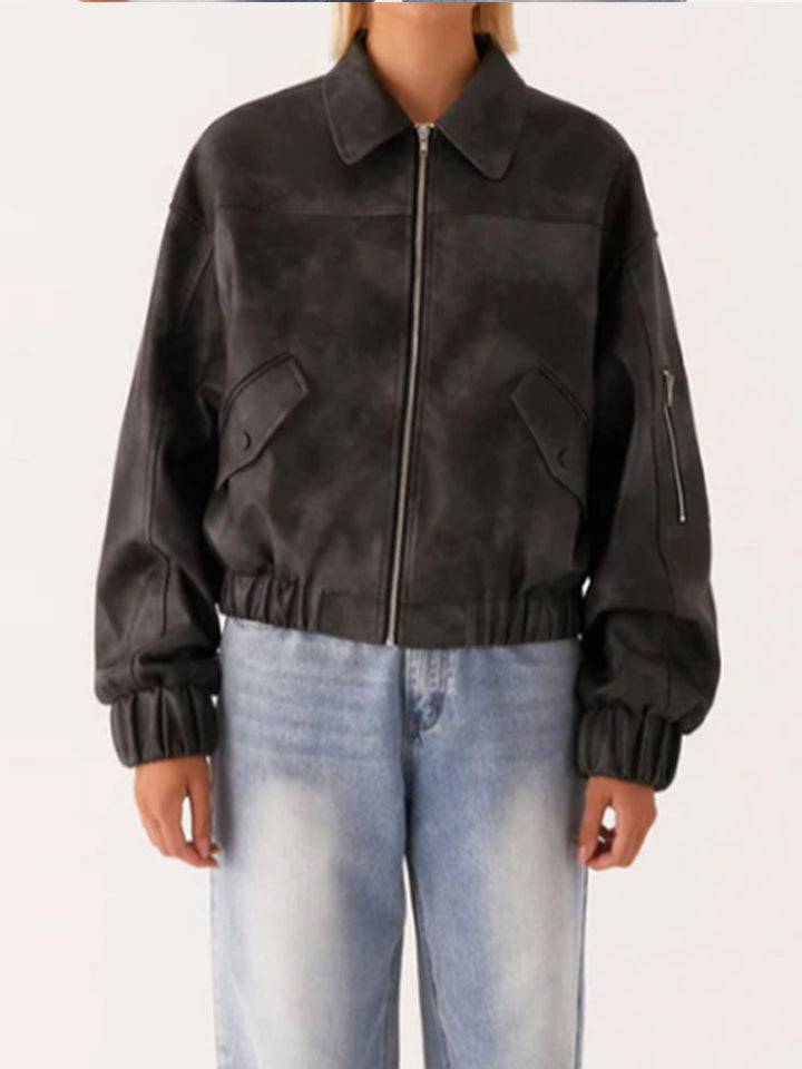 Damen lässige Kunstlederjacke mit voluminösen Ärmeln Drune