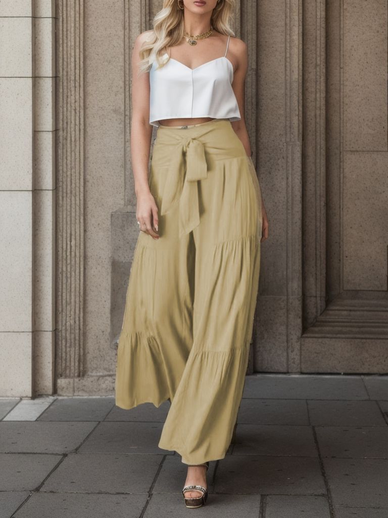 Damen weite Palazzo-Hose mit hochsitztendem Bund und Taillengürtel Drune