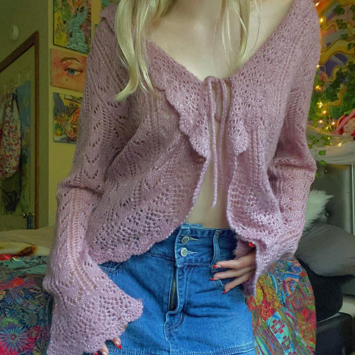 Damen gehäkelter Cardigan mit Rüschendetails Drune