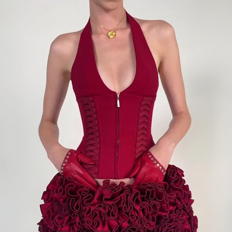 Damen-Haltertop mit raffinierten Zipp-Details und Baumwollmix Drune