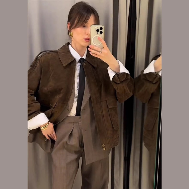 Damen Lederjacke mit zwei großen Taschen und praktischem Reißverschluss Drune