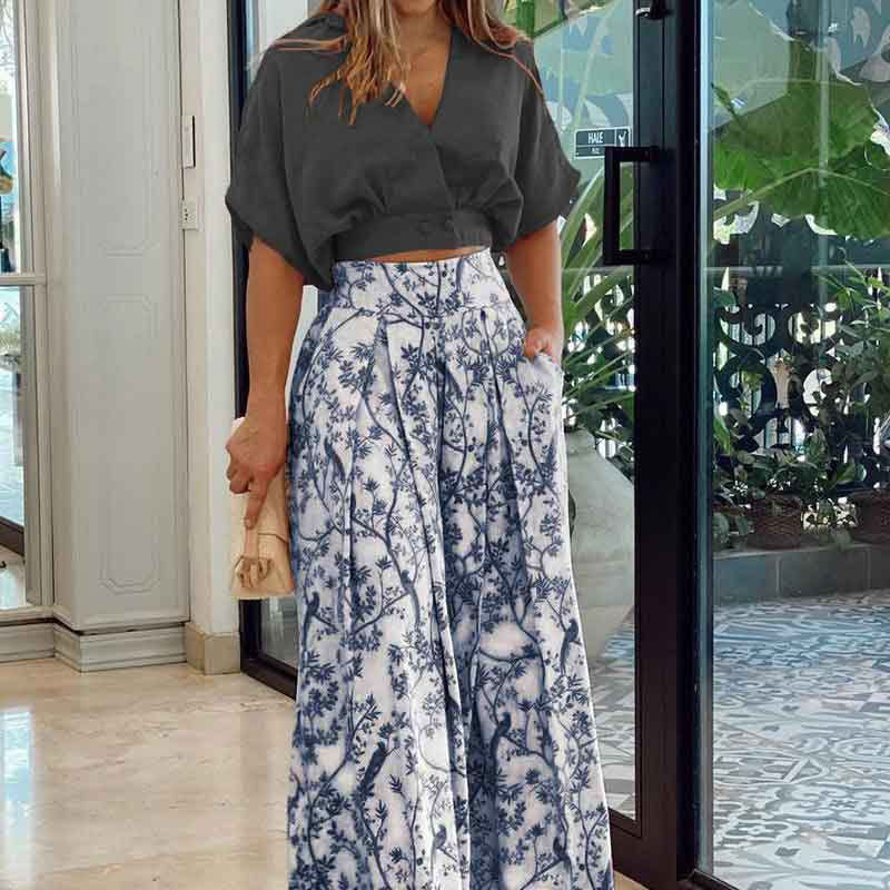 Damen Crop-Top Kombi-Anzug mit weitem Rock und floralem Muster Drune