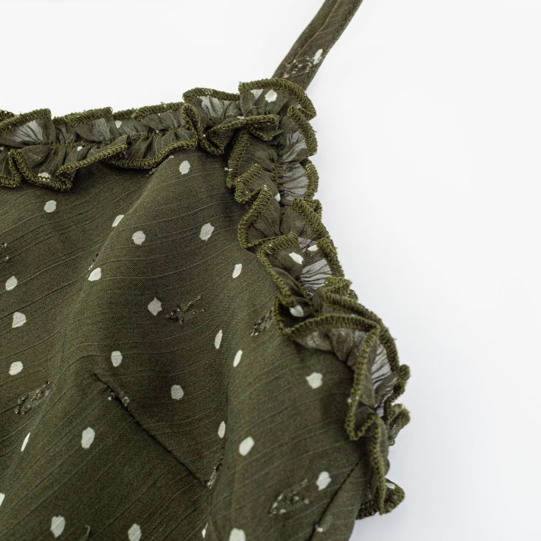 Damen Maxikleid mit zarten Spaghettiträgern und Punktmuster Drune