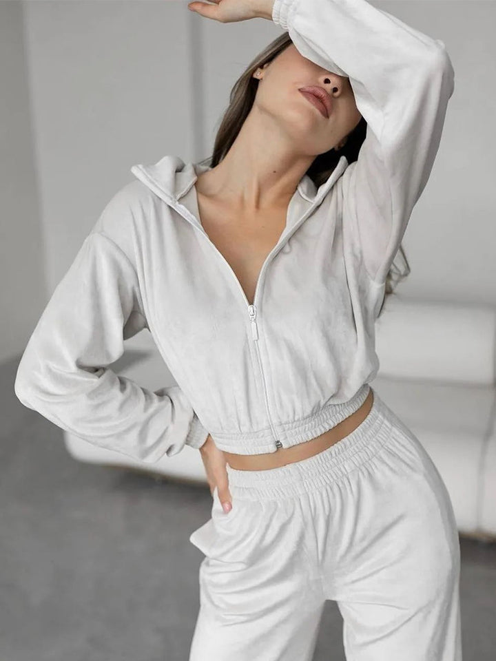 Damen nan Cropped Velours-Joggingset mit halbem Reißverschluss, gerafftem Komfortbund und breiten Bündchen Drune