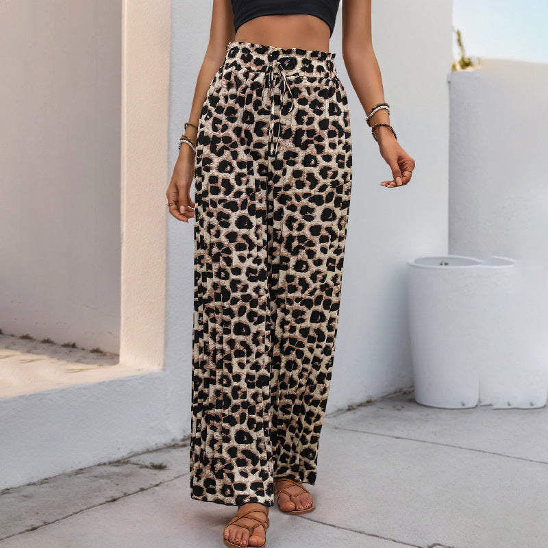 Damen Weit geschnittene Leinenhose mit elastischem Bund und trendigem Leopardenmuster Drune