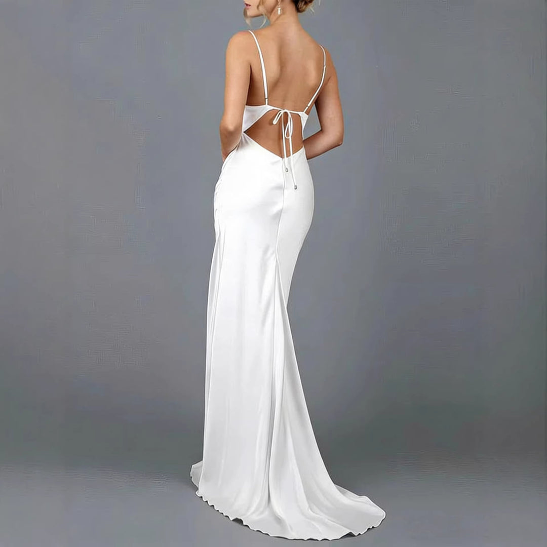 Damen Elegantes Satin-Hochzeitskleid mit tiefem V-Ausschnitt und schmalen Spaghettiträgern Drune