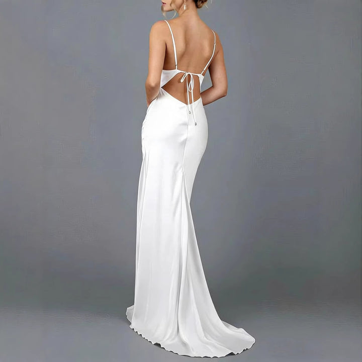 Damen Elegantes Satin-Hochzeitskleid mit tiefem V-Ausschnitt und schmalen Spaghettiträgern Drune