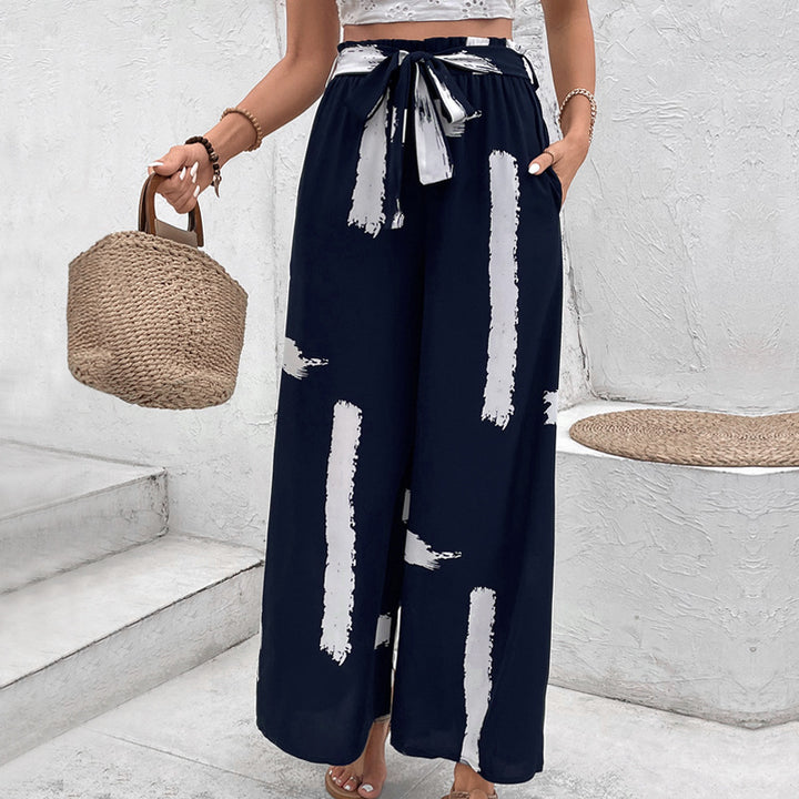 Damen Weite Palazzo-Hose mit modischem Bindegürtel und grafischem Muster Drune