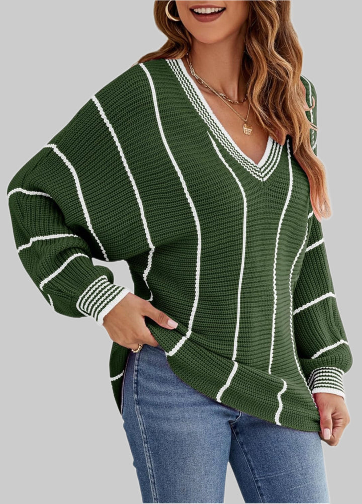 Damen Modischer Pullover mit V-Ausschnitt und streifendem Design Drune