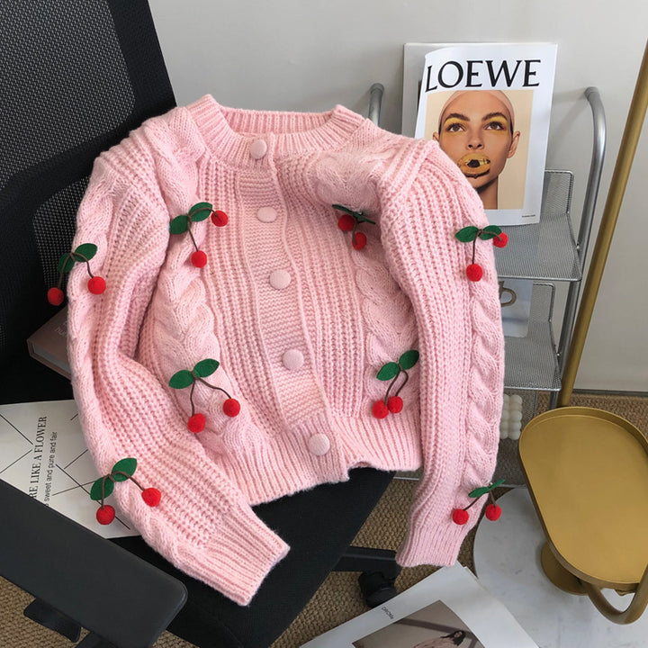 Damen Grobstrickpullover mit floralen Applikationen und Knopfdetails Drune