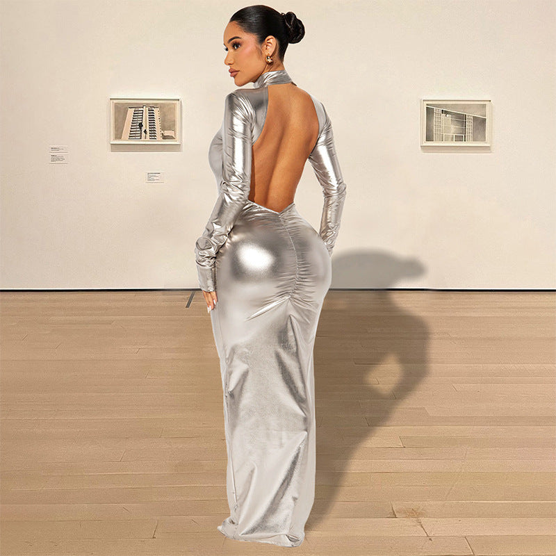 Damen Glänzendes Langarm-Maxi-Kleid mit hohem Kragen und figurbetontem Design Drune