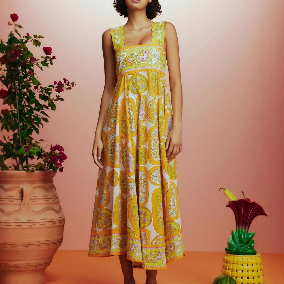 Damen Maxikleid mit verspieltem Paisley-Design und schmalem Taillengürtel Drune