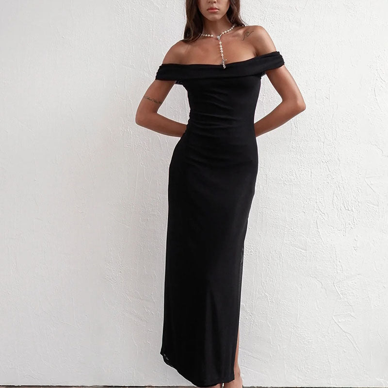 Damen Off-Shoulder Maxikleid mit eleganter Drapierung Drune