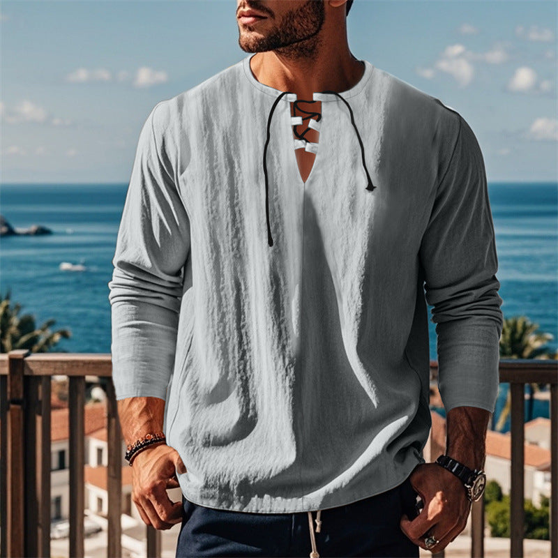 Herren modisches Langarmshirt mit Schnürung und V-Ausschnitt Drune
