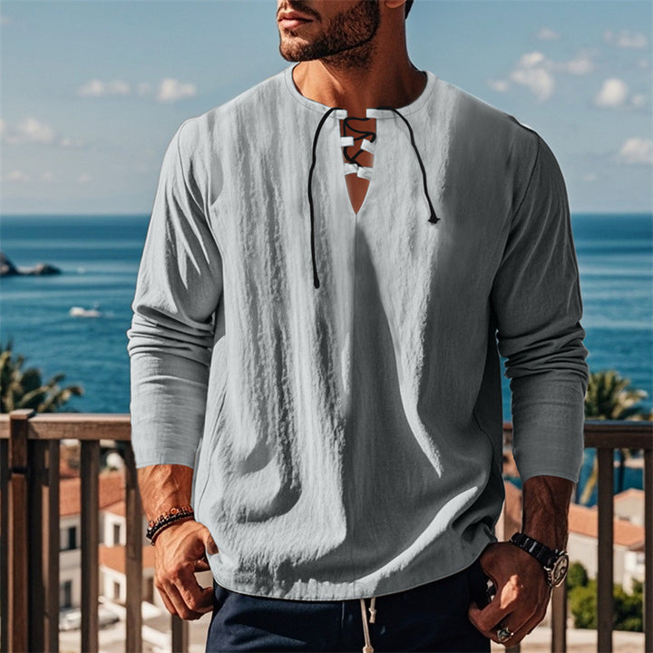 Herren modisches Langarmshirt mit Schnürung und V-Ausschnitt Drune