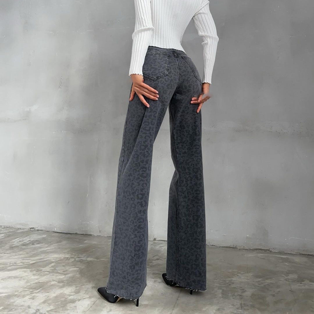 Damen Flared Jeans im trendigen Leopardenmuster mit hohem Bund Drune
