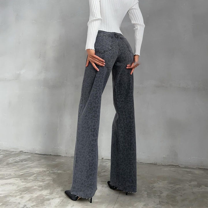 Damen Flared Jeans im trendigen Leopardenmuster mit hohem Bund Drune